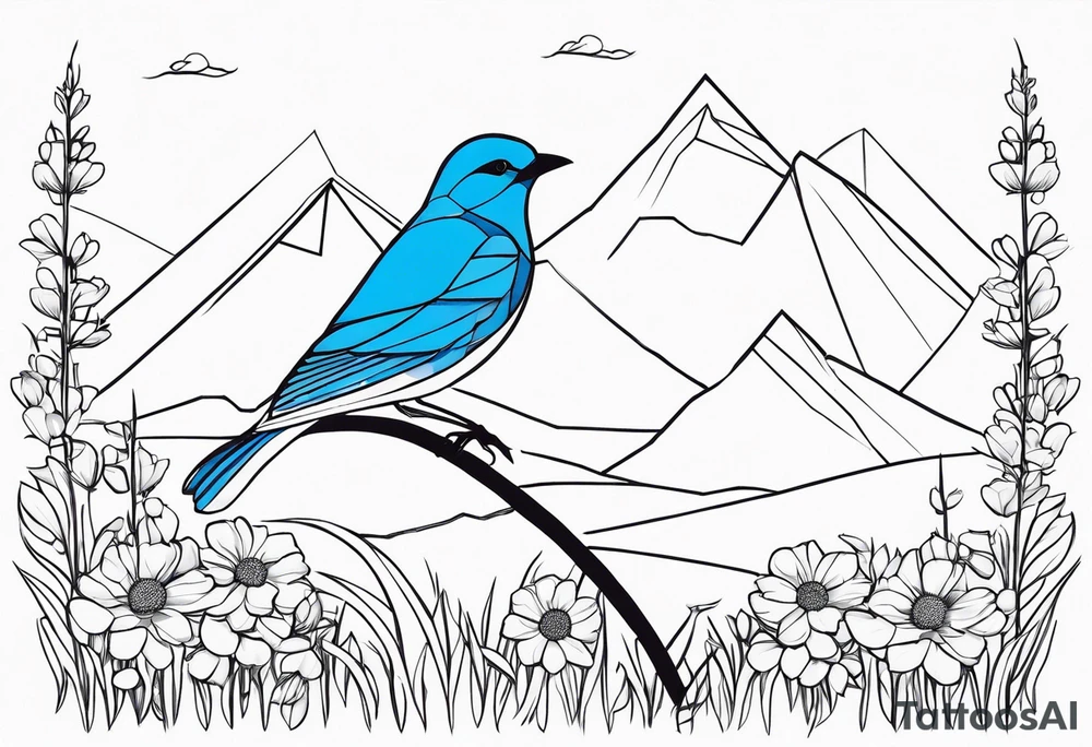 Geometric Black and white blue bird outline sitting in grass and daisys with mountains tattoo idea
