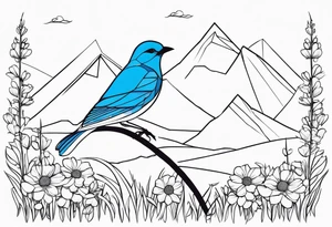 Geometric Black and white blue bird outline sitting in grass and daisys with mountains tattoo idea