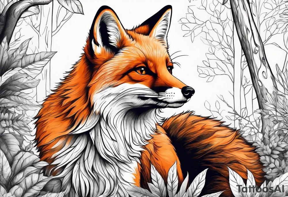 A playful fox with a bushy tail, set in a lush forest, illustrating cleverness and adaptability.” tattoo idea