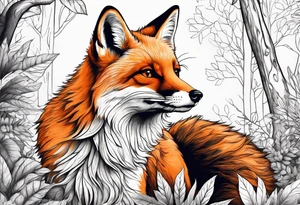 A playful fox with a bushy tail, set in a lush forest, illustrating cleverness and adaptability.” tattoo idea