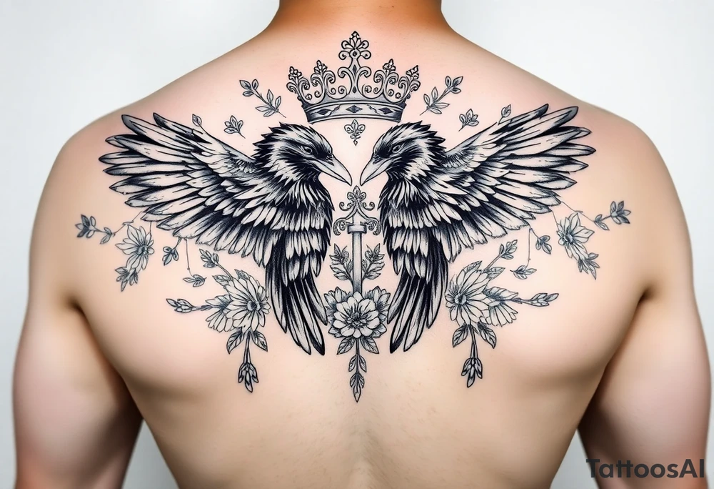 powerful majestic ravens with a crown, surrounded by floral ornaments and birds tattoo idea