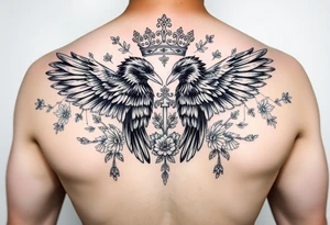 powerful majestic ravens with a crown, surrounded by floral ornaments and birds tattoo idea