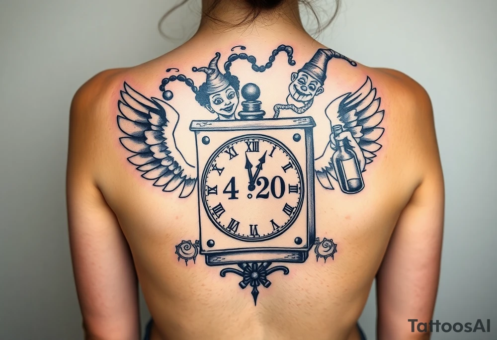 jack in the box tattoo with
the box as a clock with the time 420
two open wings besides the clock
smoke as the spring rising from the clock
a jester clown coming out the smoke
smoking in one hand with a liquor bottle on the other hand tattoo idea