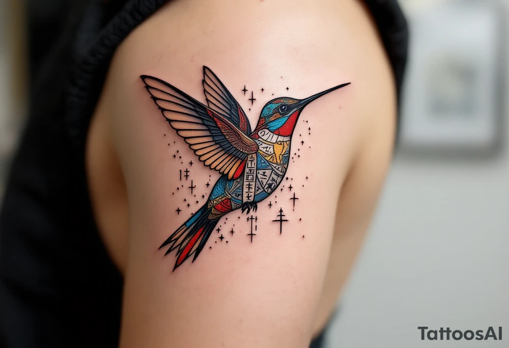 A hummingbird made of sand and hieroglyphs(only red, blue and black are possible colors) tattoo idea