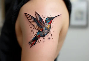 A hummingbird made of sand and hieroglyphs(only red, blue and black are possible colors) tattoo idea