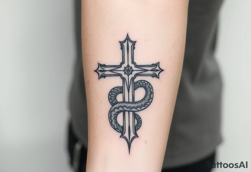 The cross impales the snake tattoo idea