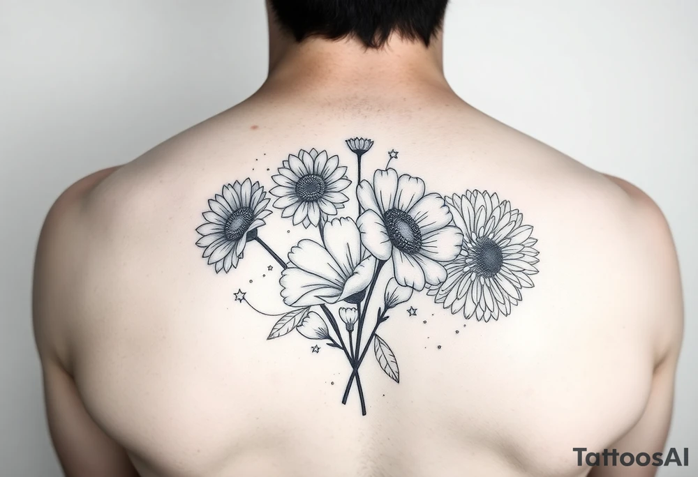 Simple minimalist line tattoo of flower bouquet in order of these flowers, daisy, cosmo, poppy, chrysanthemum, cosmo tattoo idea