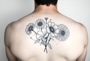 Simple minimalist line tattoo of flower bouquet in order of these flowers, daisy, cosmo, poppy, chrysanthemum, cosmo tattoo idea