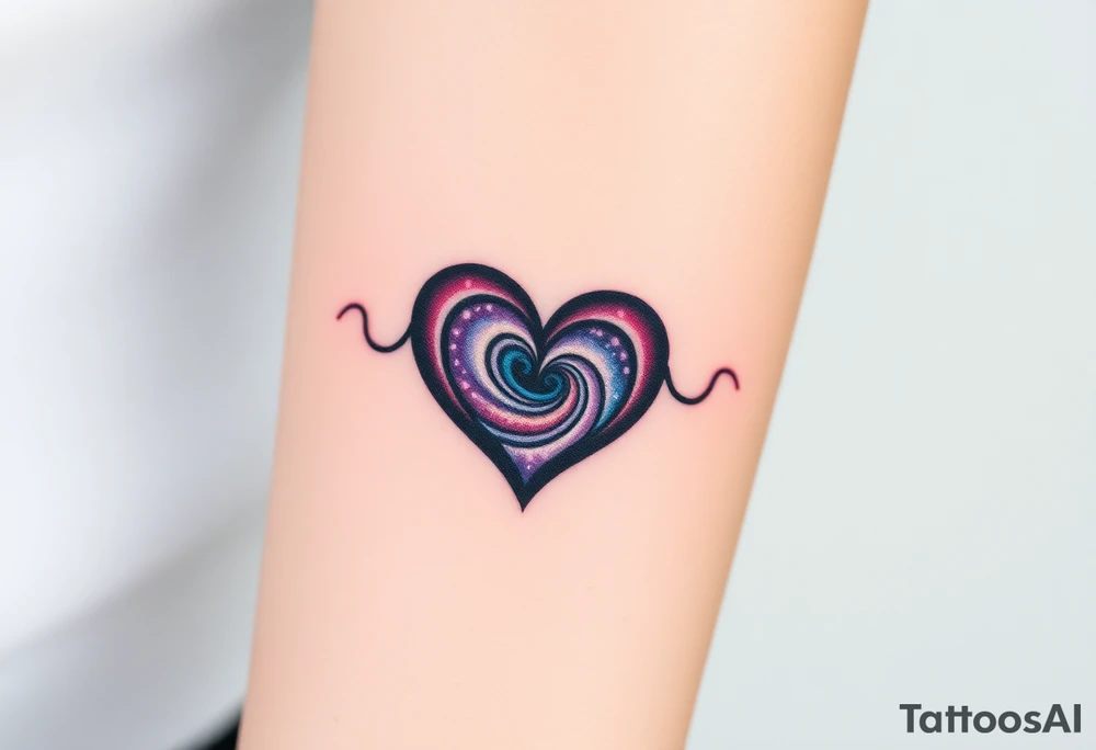 Fully depicted infinity symbol with a heart made of swirling galaxy patterns, tattoo idea