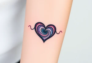 Fully depicted infinity symbol with a heart made of swirling galaxy patterns, tattoo idea