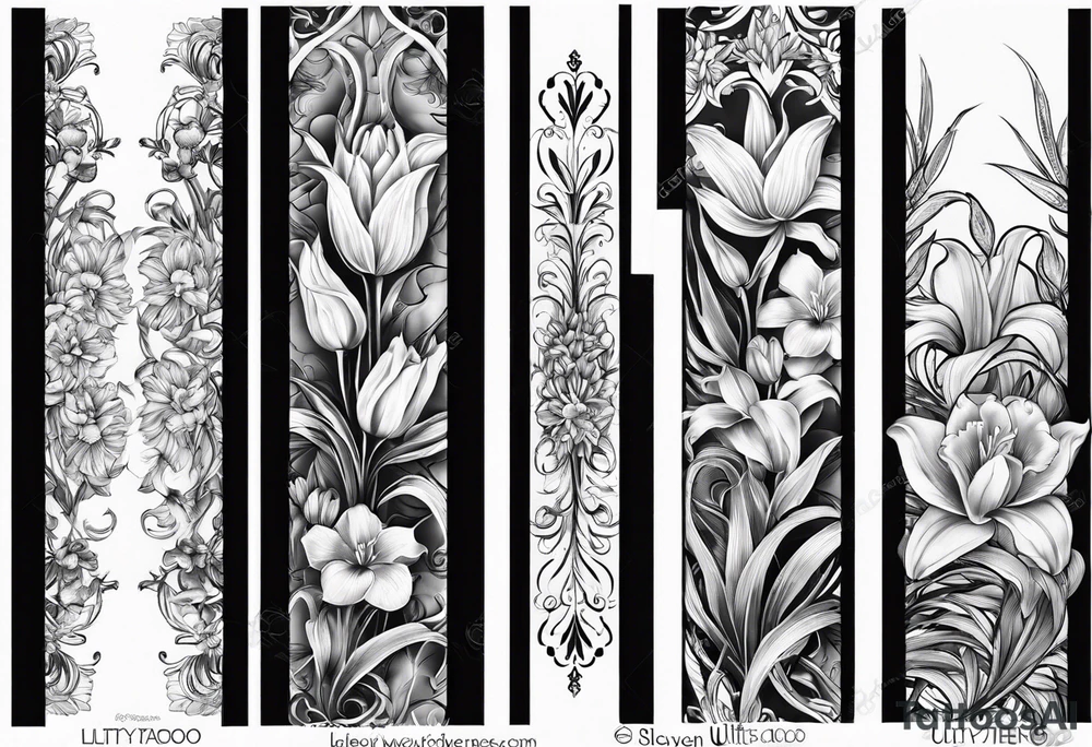 Vertical floral arm sleeve with wheat and dragonflower and florals and tulips lilly orchid tattoo idea