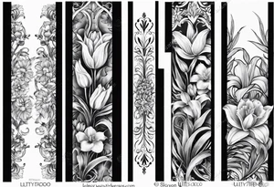 Vertical floral arm sleeve with wheat and dragonflower and florals and tulips lilly orchid tattoo idea