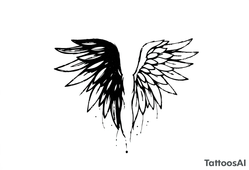 This tattoo design features a pair of asymmetrical angel wings drawn in black ink with a rough, sketch-like style. The left wing is darker, more defined, and appears denser, while the right wing is lighter, more delicate, and fragmented, creating a contrast between the two. The feathers are sharp and irregular, with fine lines and stray strokes extending outward, adding a raw and artistic feel. The overall look is dynamic and slightly chaotic, giving the impression of movement or an unfinished, ethereal form. This design symbolizes duality, freedom, transformation, or even struggle, making it a meaningful and visually striking tattoo. tattoo idea