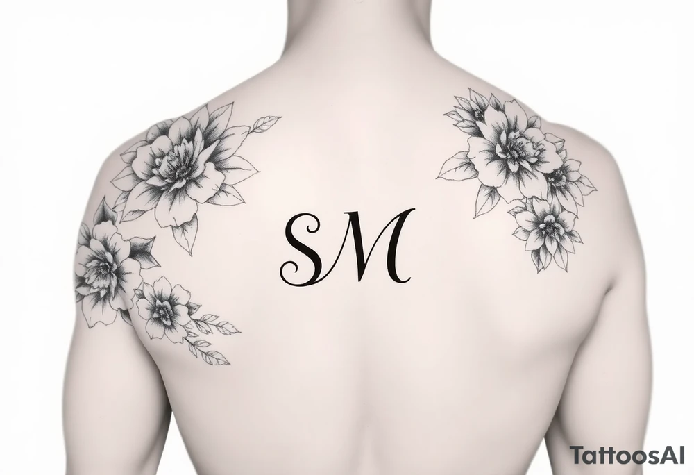 Floral arm sleeve with hidden letters S M tattoo idea