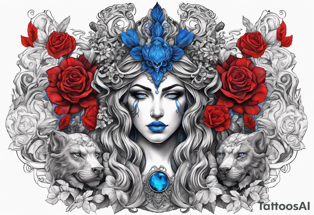 Hades with blue and red
shadowns and persephone symbols tattoo idea