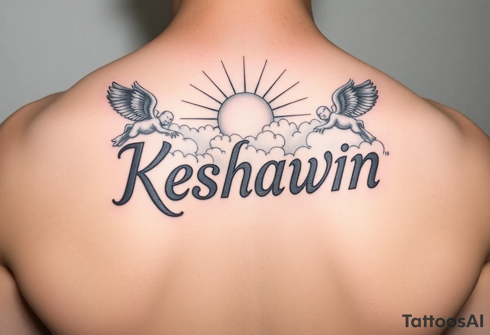 The name Keshawn with some clouds and realistic sun rays beaming out of the clouds with angels around his name tattoo idea