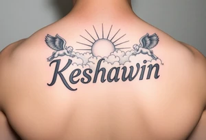 The name Keshawn with some clouds and realistic sun rays beaming out of the clouds with angels around his name tattoo idea