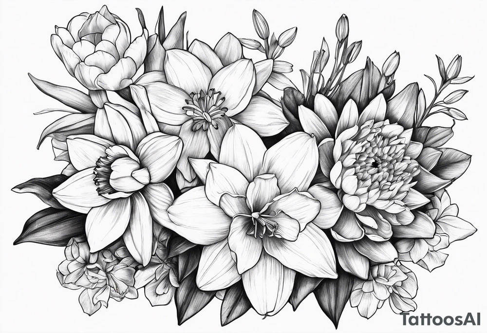 Bouquet of daffodils, water lily’s, and larkspur tattoo idea
