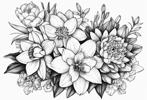 Bouquet of daffodils, water lily’s, and larkspur tattoo idea