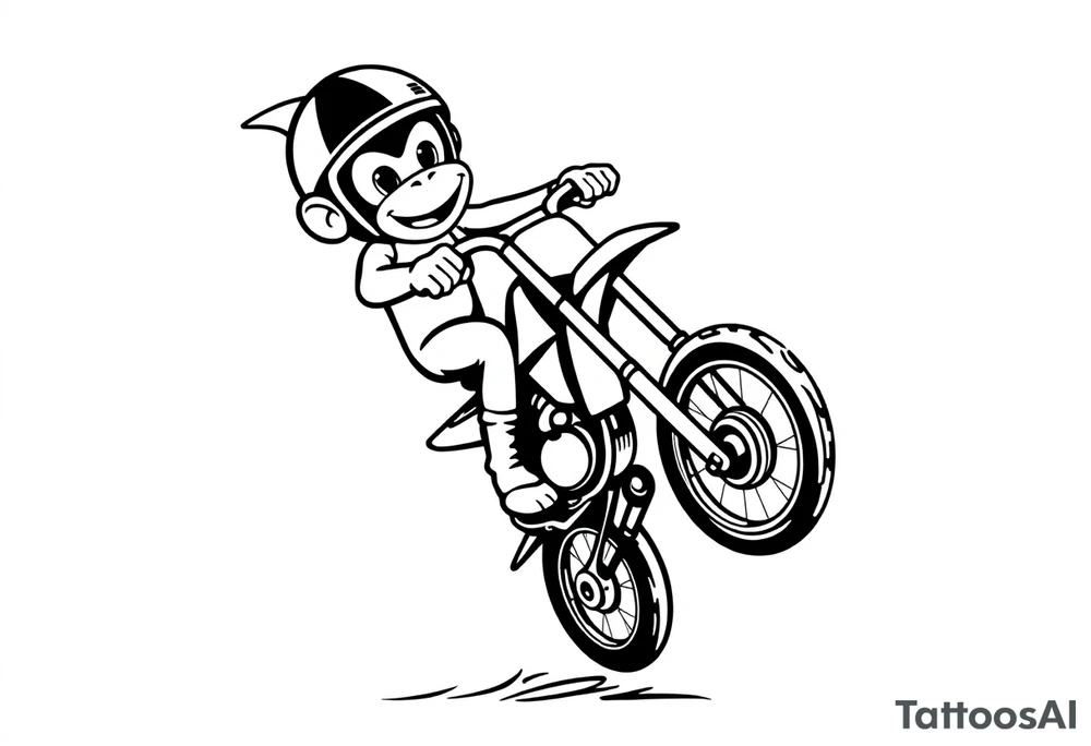 Cartoon monkey with helmet on a dirtbike doing a wheelie tattoo idea