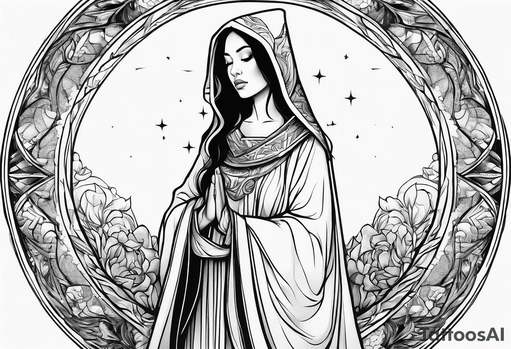 Praying Christian woman in cloak side view tattoo idea