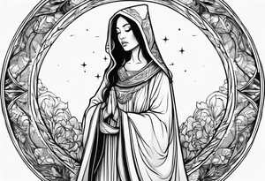Praying Christian woman in cloak side view tattoo idea