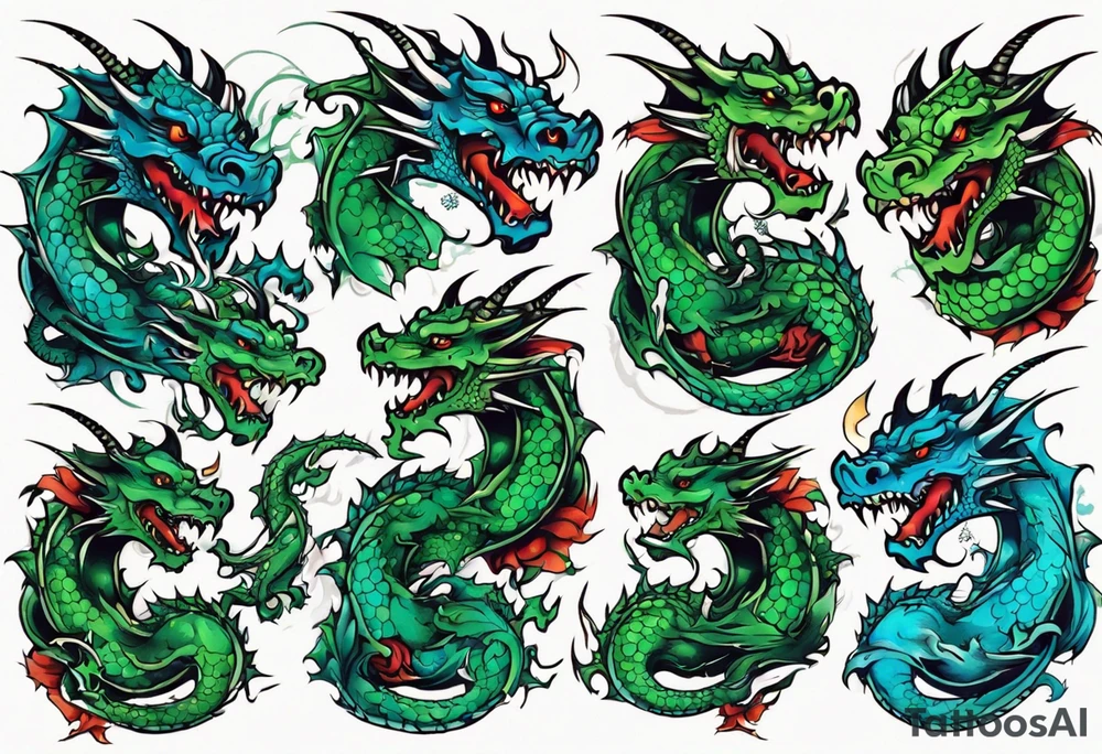 blue and green dragons tattoo idea
