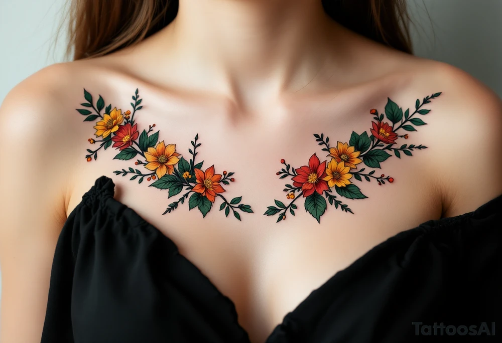 Two separate collarbone tattoos of long, stems and branches covered with red, orange, yellow and dark forest green leaves and flowers, academia, witchy, muted, delicate and gentle but moody, long and thin, following the collarbone. More muted, not so bright, darker colors. Fewer amount of leaves, larger leaves tattoo idea