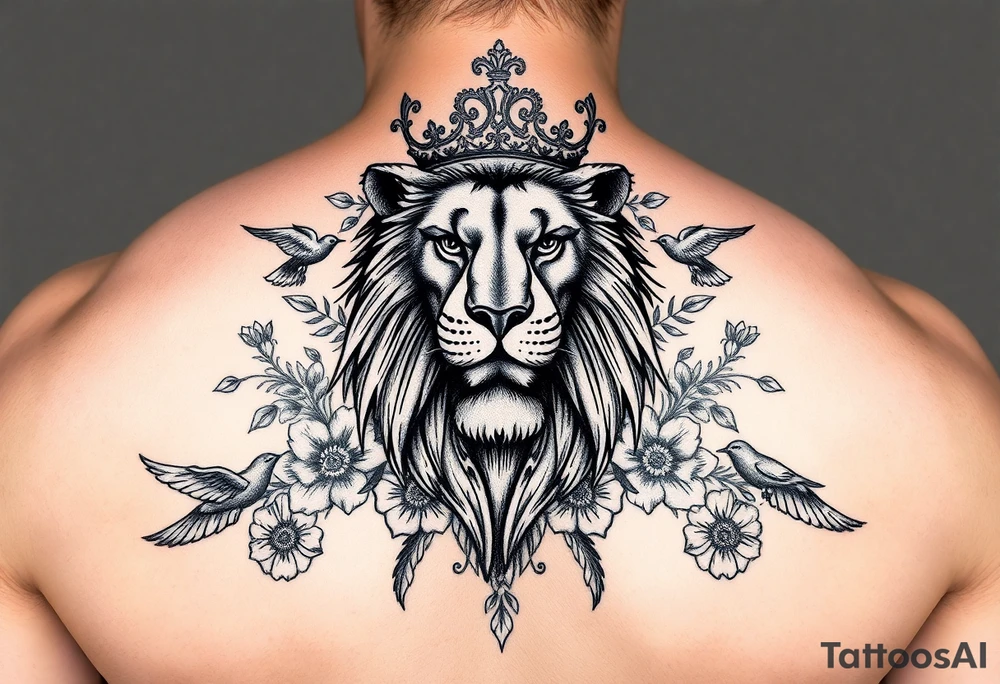 powerful majestic lion with a crown, surrounded by floral ornaments and birds tattoo idea