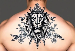 powerful majestic lion with a crown, surrounded by floral ornaments and birds tattoo idea