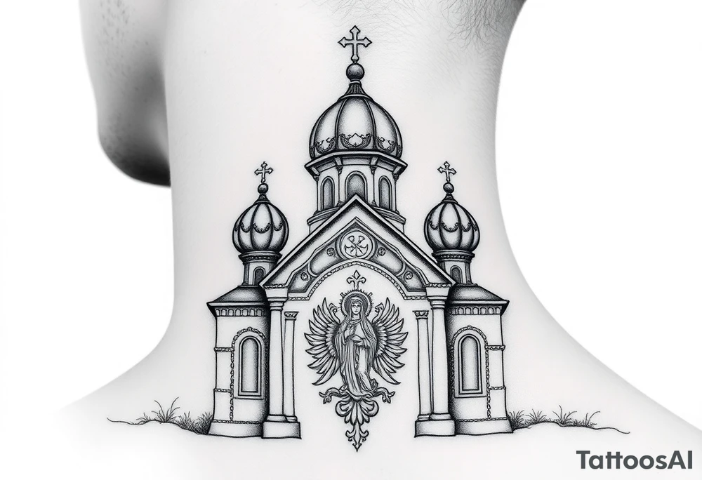 medium sized Russian orthodox church with bulb domes with a prominent russian orthodox coat of arms & virgin mary tattoo idea