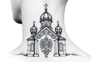 medium sized Russian orthodox church with bulb domes with a prominent russian orthodox coat of arms & virgin mary tattoo idea