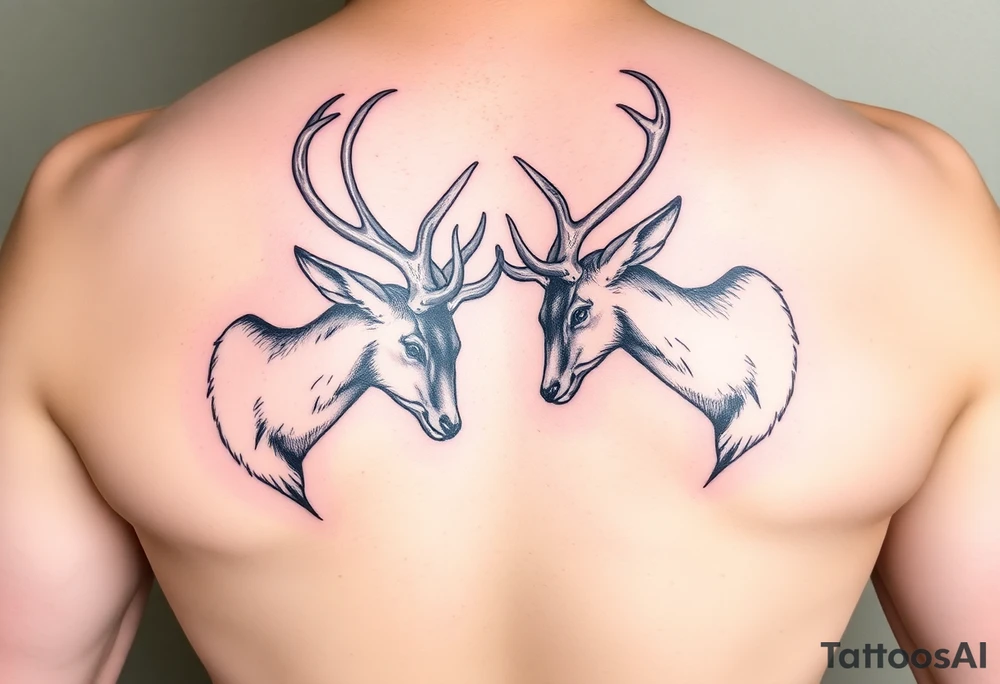 Entire Full body Two deer with their heads down hitting horns to show dominance. tattoo idea