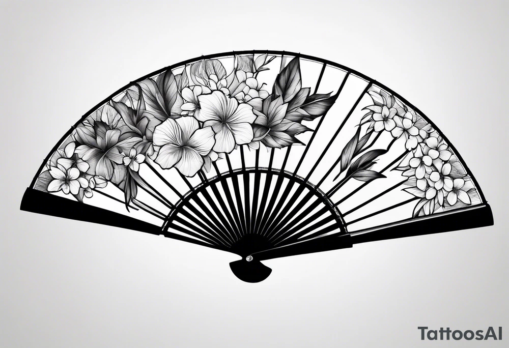 Japanese fan mostly black with basic leaves around it tattoo idea