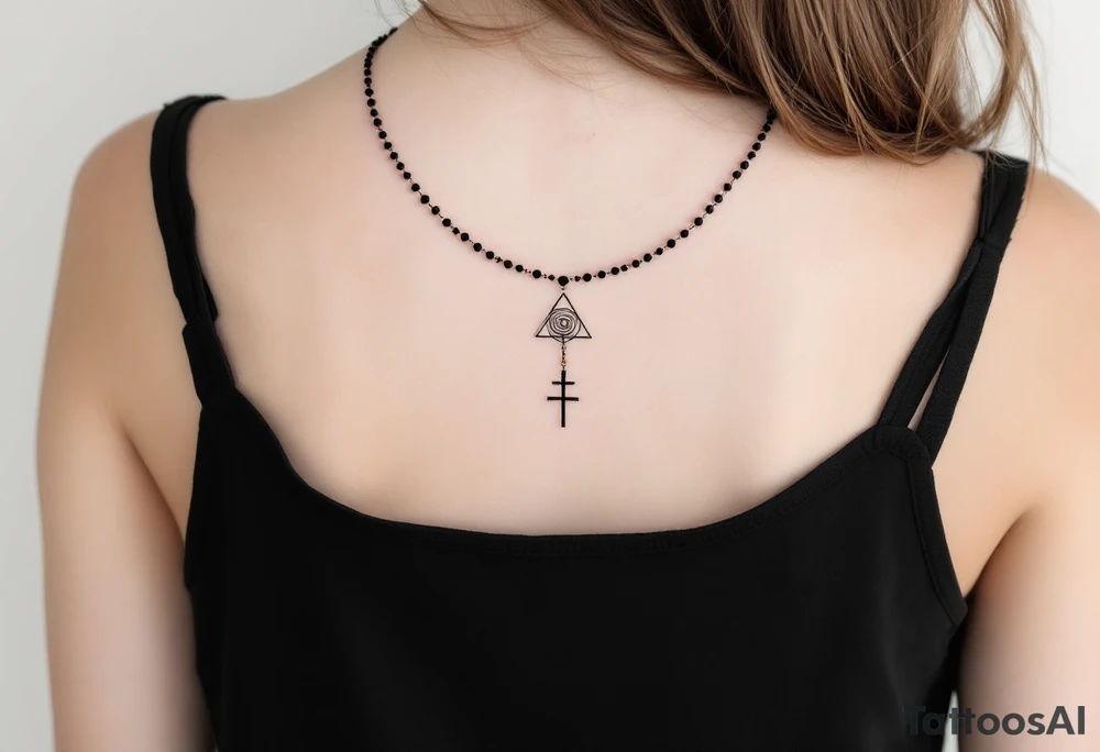 Minimalist geometric rosary tattoo: precise black‑ink circles (beads) decreasing subtly in size, linked by perfectly straight, fine lines to form clean angles rather than curves; the strand drapes in a crisp isosceles‑triangle silhouette across the forearm. Where the pendant would hang, a small concentric‑line cross sits inside a outlined golden‑ratio spiral, all rendered in thin charcoal‑black lines with a single muted‑copper accent on the cross for contrast—overall a sleek, math‑inspired aesthetic with no shading, just pure linework. tattoo idea