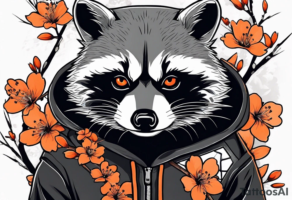 Raccoon wearing a white Superman logo on a black hoodie and orange Japanese cherry blossoms beside tattoo idea