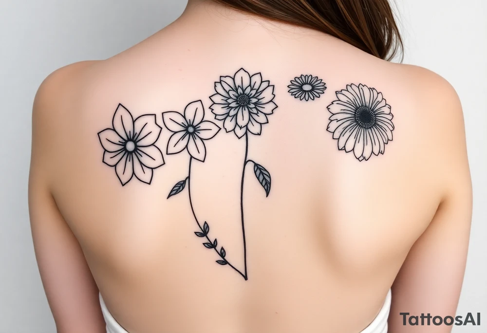 I was hoping to get Violets, honeysuckle, marigolds and chrysanthemums. Just outlines with some shading I like the geometric shapes within them and not a ton of leaves tattoo idea