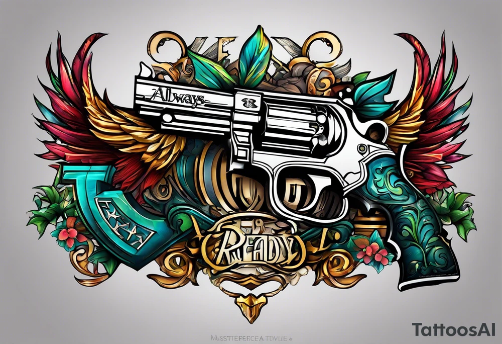 The letters AR with a pistol on each side and the word always on the top and the word ready on the bottom tattoo idea