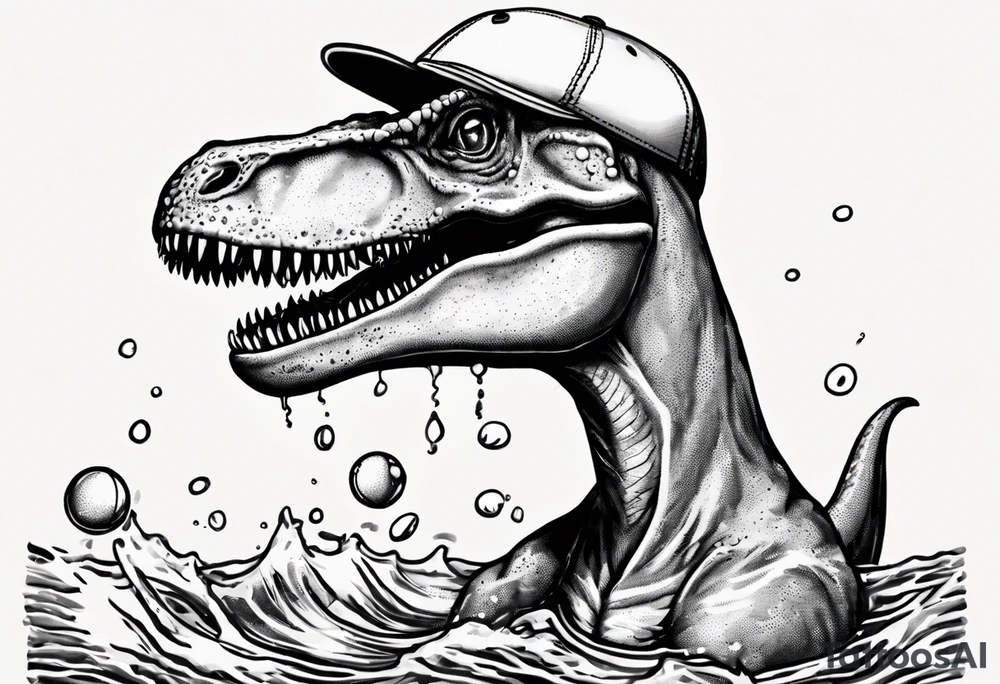 silly happy t rex in a pool wearing water polo cap tattoo idea