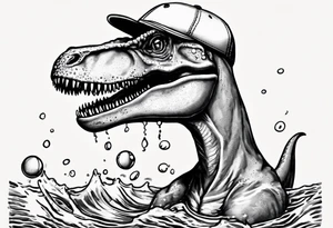 silly happy t rex in a pool wearing water polo cap tattoo idea