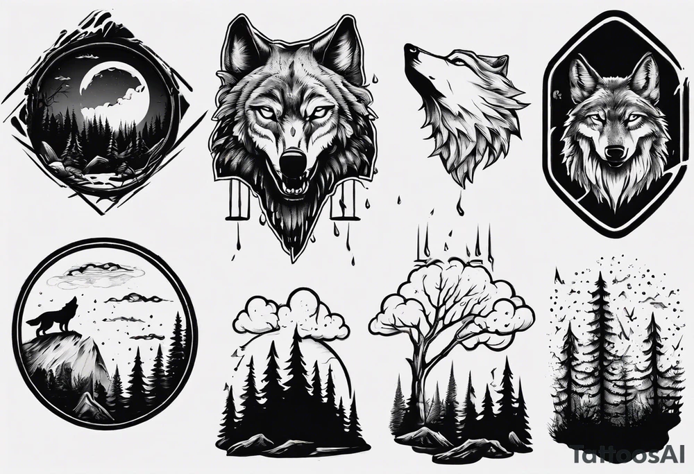 thunderstorm over a forest with a wolf howling on drums tattoo idea thunderstorm over a forest with a wolf howling on drums tattoo idea
