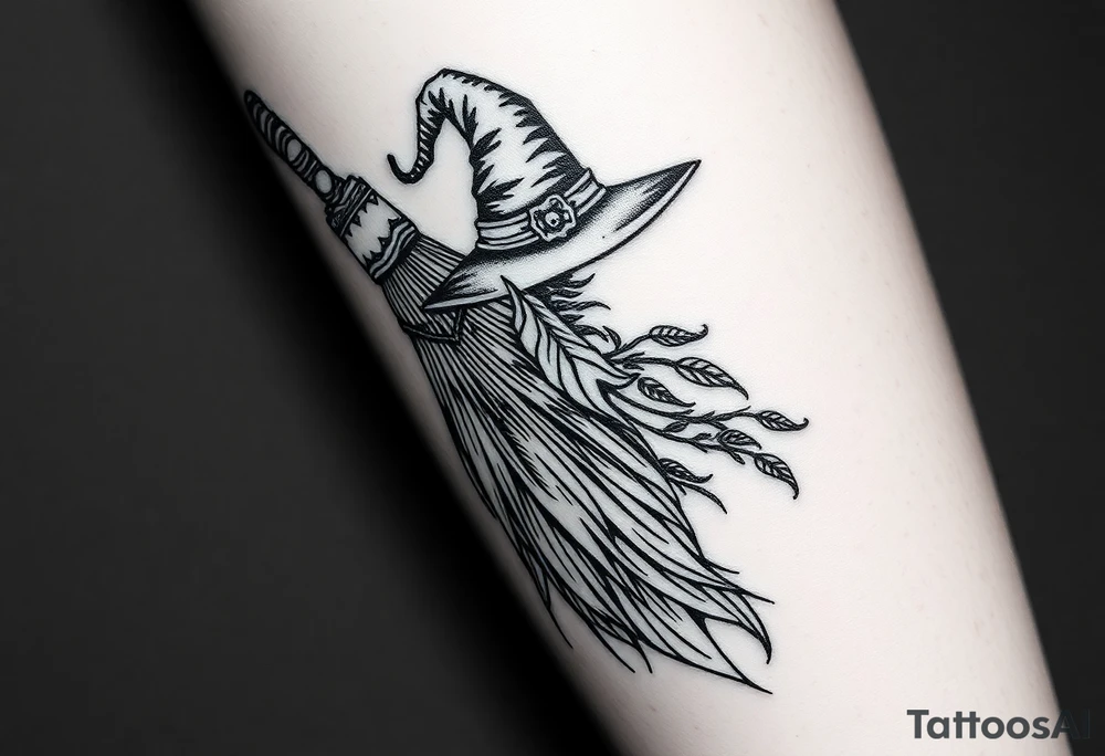 Which is broom with handle
 a witches hat with vines and feathers 
Smaller broom with hat placed on top or in the middle
Feminine and on a leg tattoo idea
