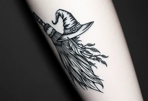 Which is broom with handle
 a witches hat with vines and feathers 
Smaller broom with hat placed on top or in the middle
Feminine and on a leg tattoo idea