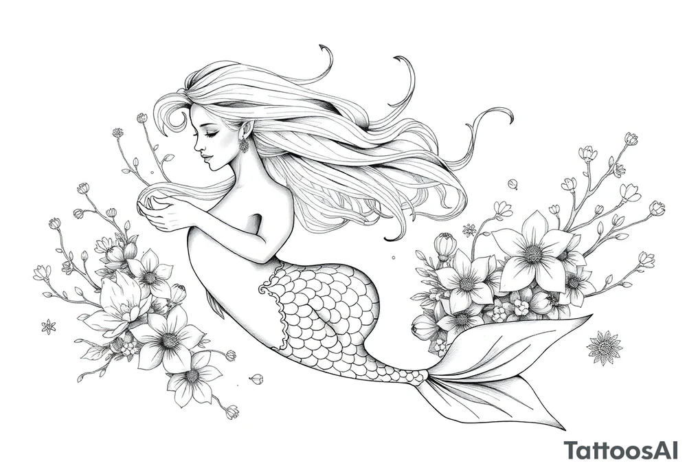ethereal mermaid with flowing hair among coral and sea flowers tattoo idea