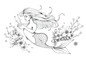 ethereal mermaid with flowing hair among coral and sea flowers tattoo idea