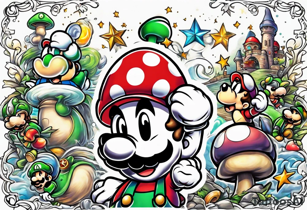 Mario and Luigi with toadstool and cannons and bombs stars tattoo idea