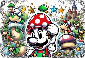 Mario and Luigi with toadstool and cannons and bombs stars tattoo idea