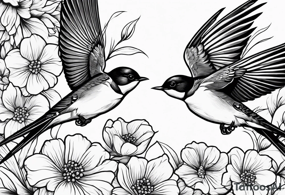Pair of swallows with flowers in the background, simple tattoo idea