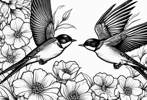 Pair of swallows with flowers in the background, simple tattoo idea
