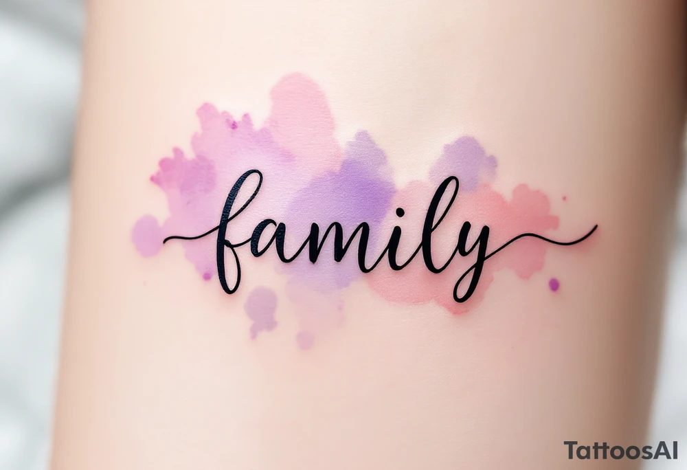 A watercolor splash in dusty rose and lavender behind the word family in sleek black ink. tattoo idea